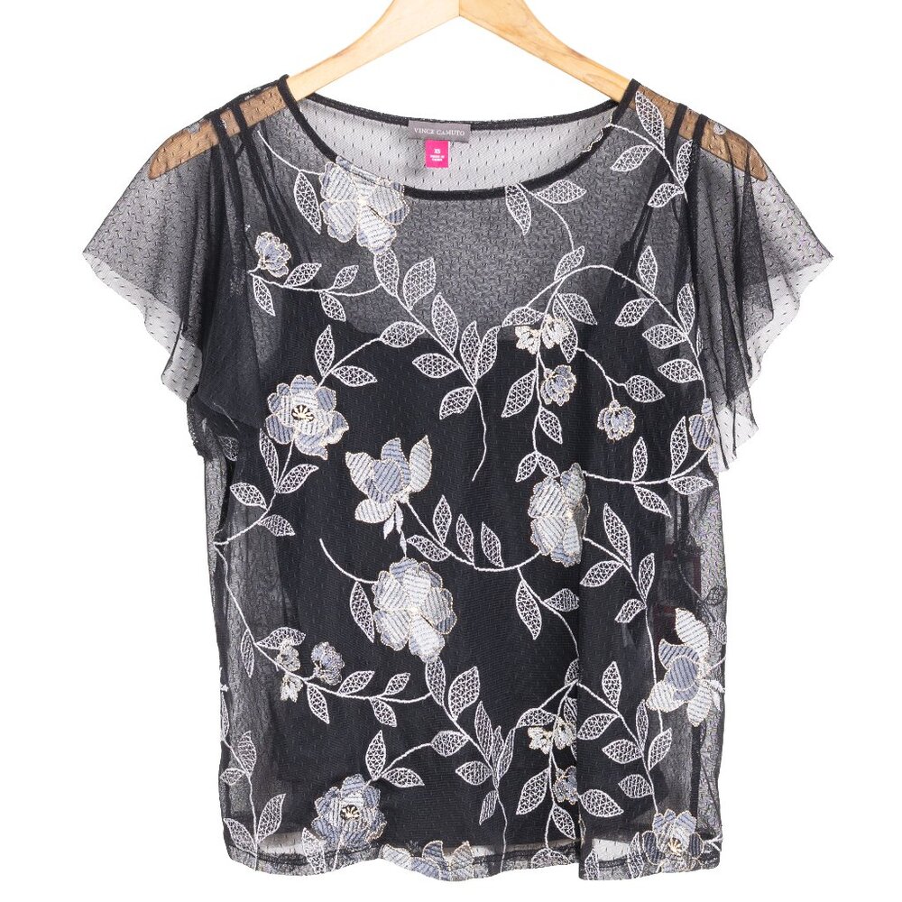 Vince Camuto Black Sheer Embroidered Floral Flutter Short Sleeve Blouse XS